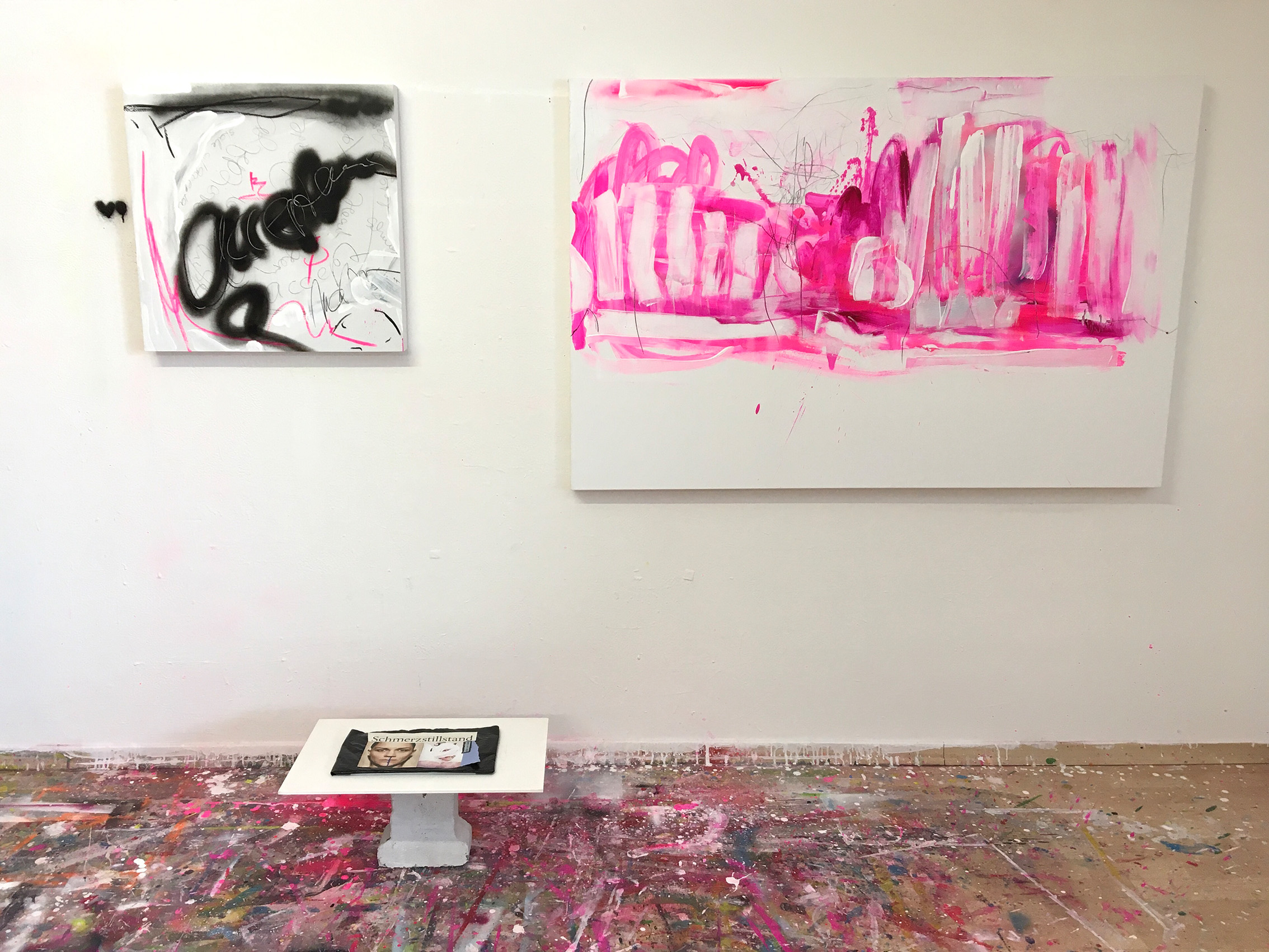 art installation schmerzstillstand Petronilla Hohenwarter acceptance detachment love pink black artwork canvas collage